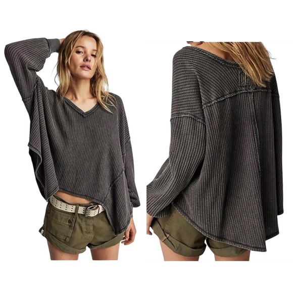 Free People We the Free Oversized Thermal Waffle Knit Top Faded Black Size M NWT - Picture 1 of 10